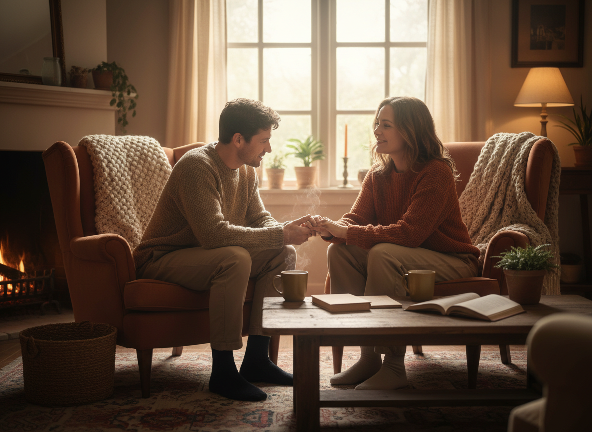 Two people sitting together in a warm comfortable indoor setting having a supportive one-to-one conversation, empathetic peer mentorship moment, soft natural window light, warm tones, authentic and caring atmosphere