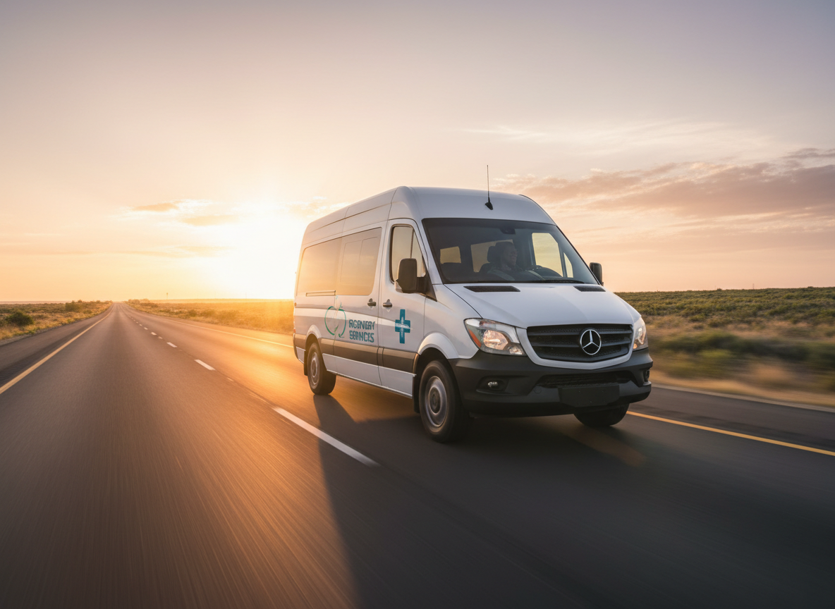 A clean modern van on a sunlit road heading toward a bright horizon at dawn, symbolizing access and mobility for recovery services