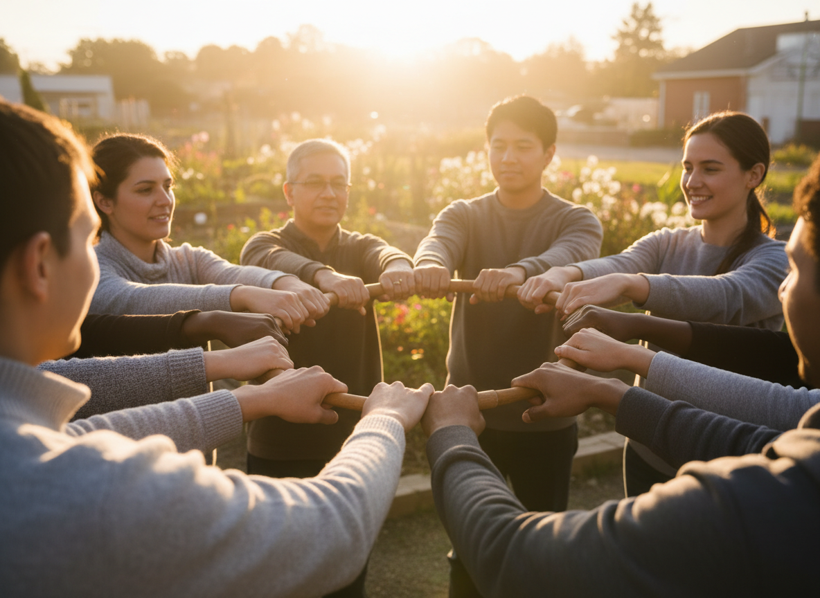 Warm, hopeful photograph of diverse people in a supportive community setting, hands connecting in solidarity, soft golden sunrise light suggesting renewal and recovery, phoenix-inspired warm amber and orange tones, compassionate and uplifting mood, natural documentary style