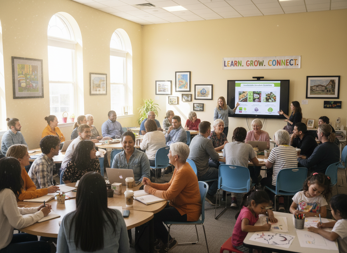 A welcoming community education gathering in a bright room, diverse people learning and connecting together
